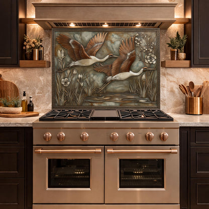 Copper Relief Cranes over Wetland Tempered Glass Backsplash, Wildlife Botanical Wall Panel, Stove Guard