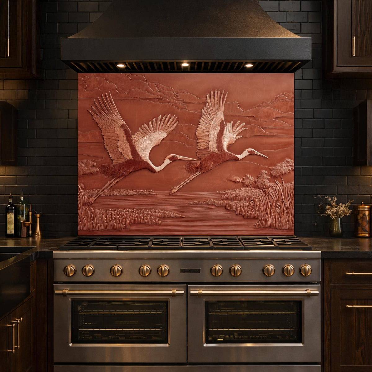 Copper Crane Relief Tempered Glass Backsplash, Wildlife Wetland Wall Panel, Stove Guard