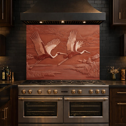 Copper Crane Relief Tempered Glass Backsplash, Wildlife Wetland Wall Panel, Stove Guard