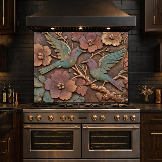 Colorful Songbirds in Copper Floral Relief Tempered Glass Backsplash, Rustic Botanical Wall Panel