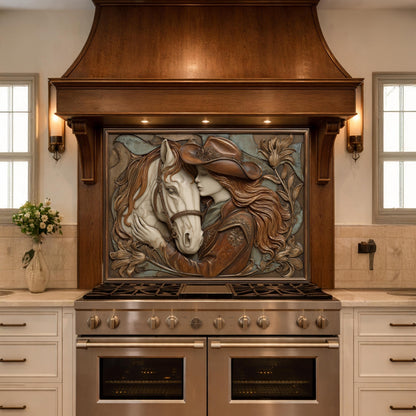Cowgirl and Horse Bond Tempered Glass Backsplash, Western Relief Wall Panel, Stove Guard