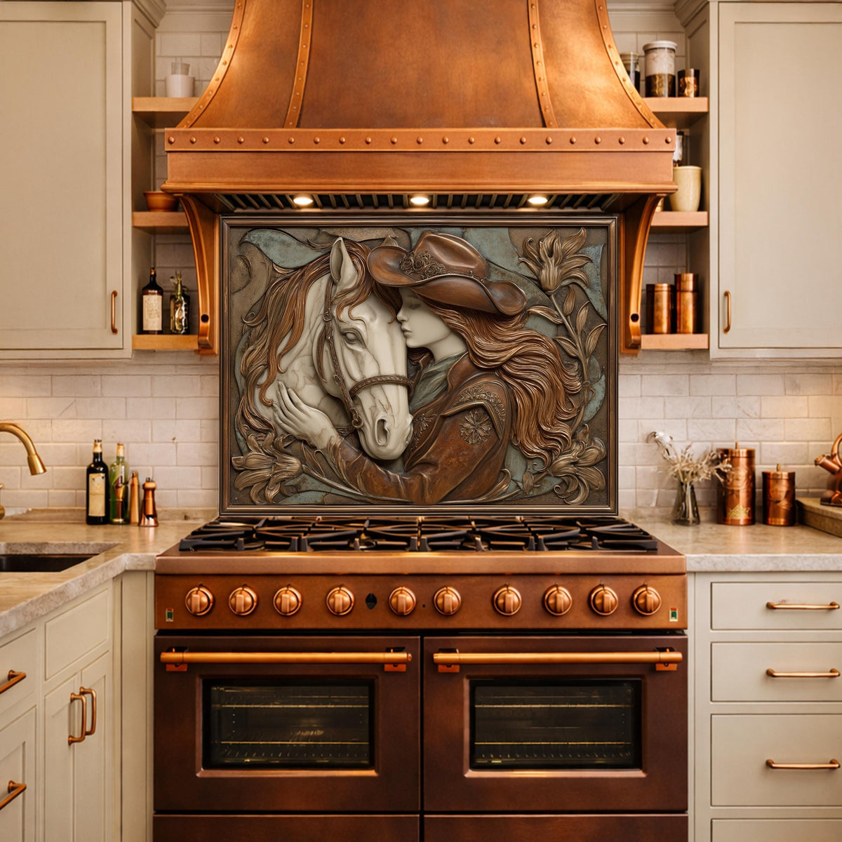Cowgirl and Horse Bond Tempered Glass Backsplash, Western Relief Wall Panel, Stove Guard
