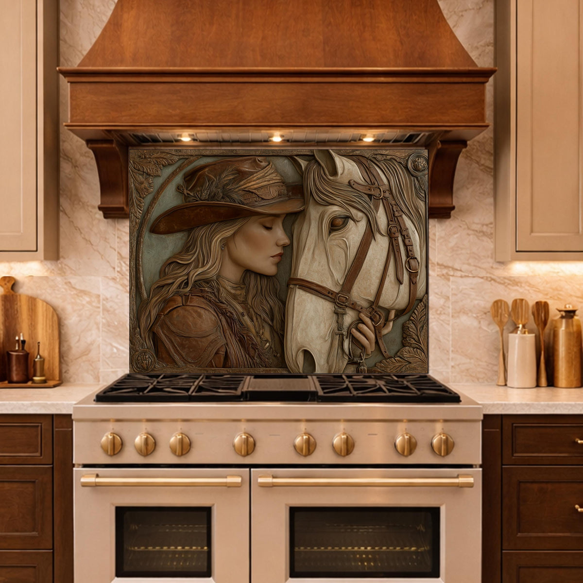 Western Cowgirl and Horse Tempered Glass Backsplash, Rustic Wood Carved Wall Panel, Stove Guard
