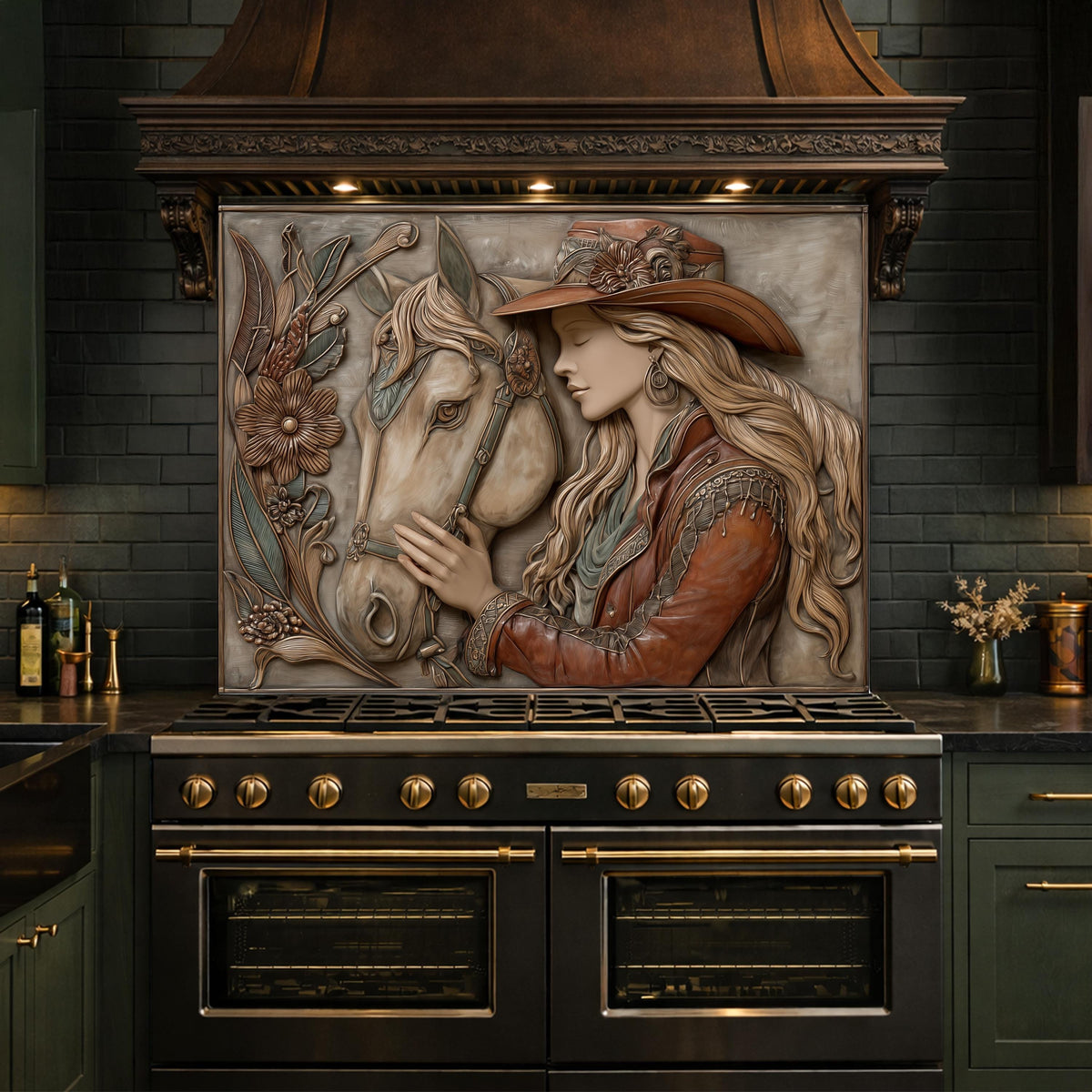 Equestrian Cowgirl Horse Tempered Glass Backsplash, Rustic Wood Relief Wall Panel