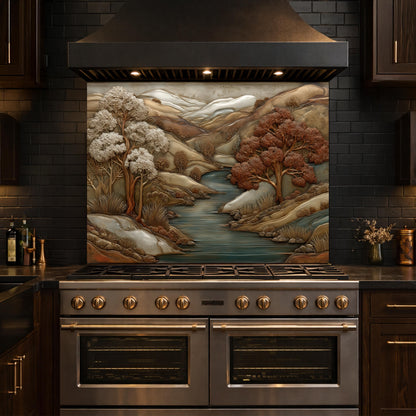 3D-Effect Copper Landscape Tempered Glass Kitchen Backsplash – Mountain River Wall Panel, Custom Size