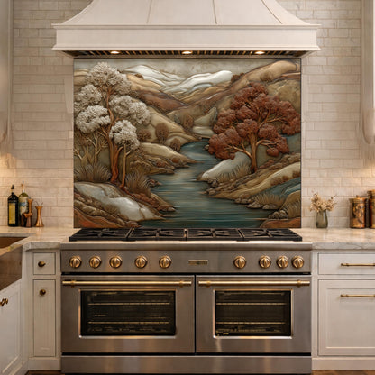 3D-Effect Copper Landscape Tempered Glass Kitchen Backsplash – Mountain River Wall Panel, Custom Size