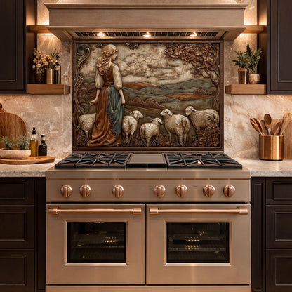 3D-Effect Copper Shepherdess Tempered Glass Kitchen Backsplash – Pastoral Countryside Scene Wall Panel, Custom Size