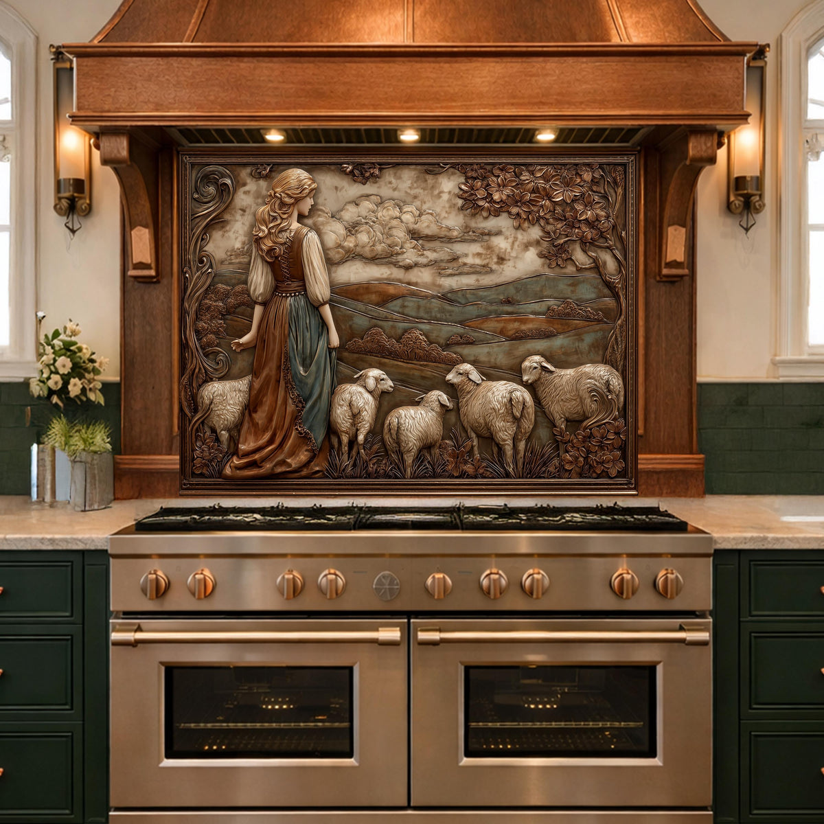 3D-Effect Copper Shepherdess Tempered Glass Kitchen Backsplash – Pastoral Countryside Scene Wall Panel, Custom Size