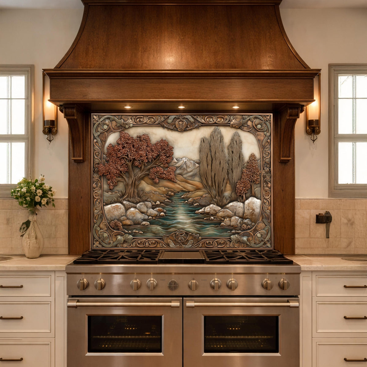 Wilderness River Tempered Glass Backsplash, Copper Look Autumn Forest Wall Panel, Custom, Heat Resistant