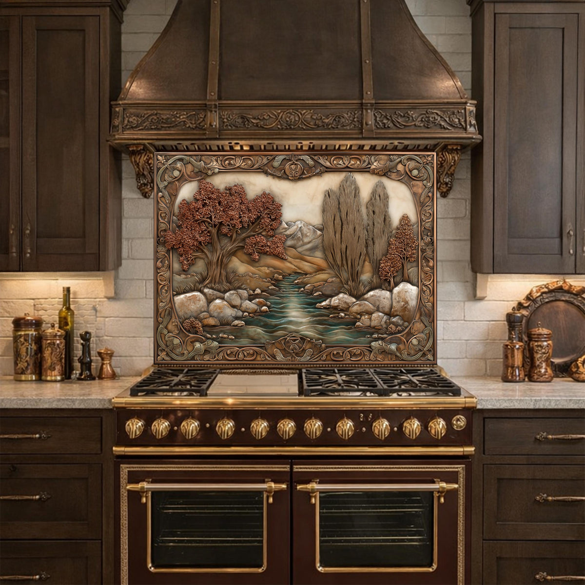Wilderness River Tempered Glass Backsplash, Copper Look Autumn Forest Wall Panel, Custom, Heat Resistant