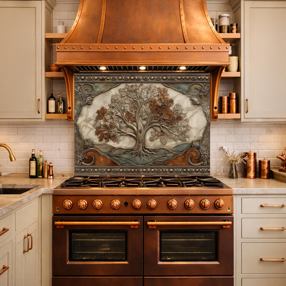 Tree of Life Tempered Glass Backsplash, Copper Embossed Oak Wall Panel, Heat Resistant