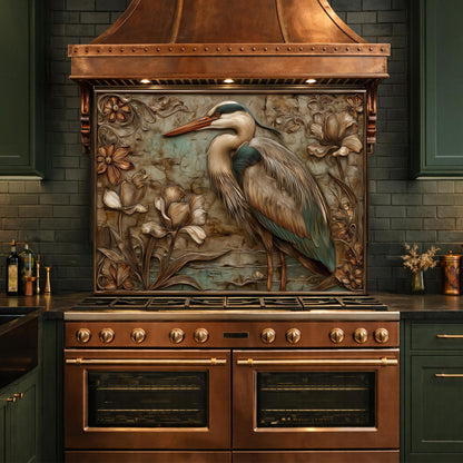 Blue Heron Tempered Glass Backsplash, Copper Look Botanical Bird Wall Panel, Custom, Heat Resistant