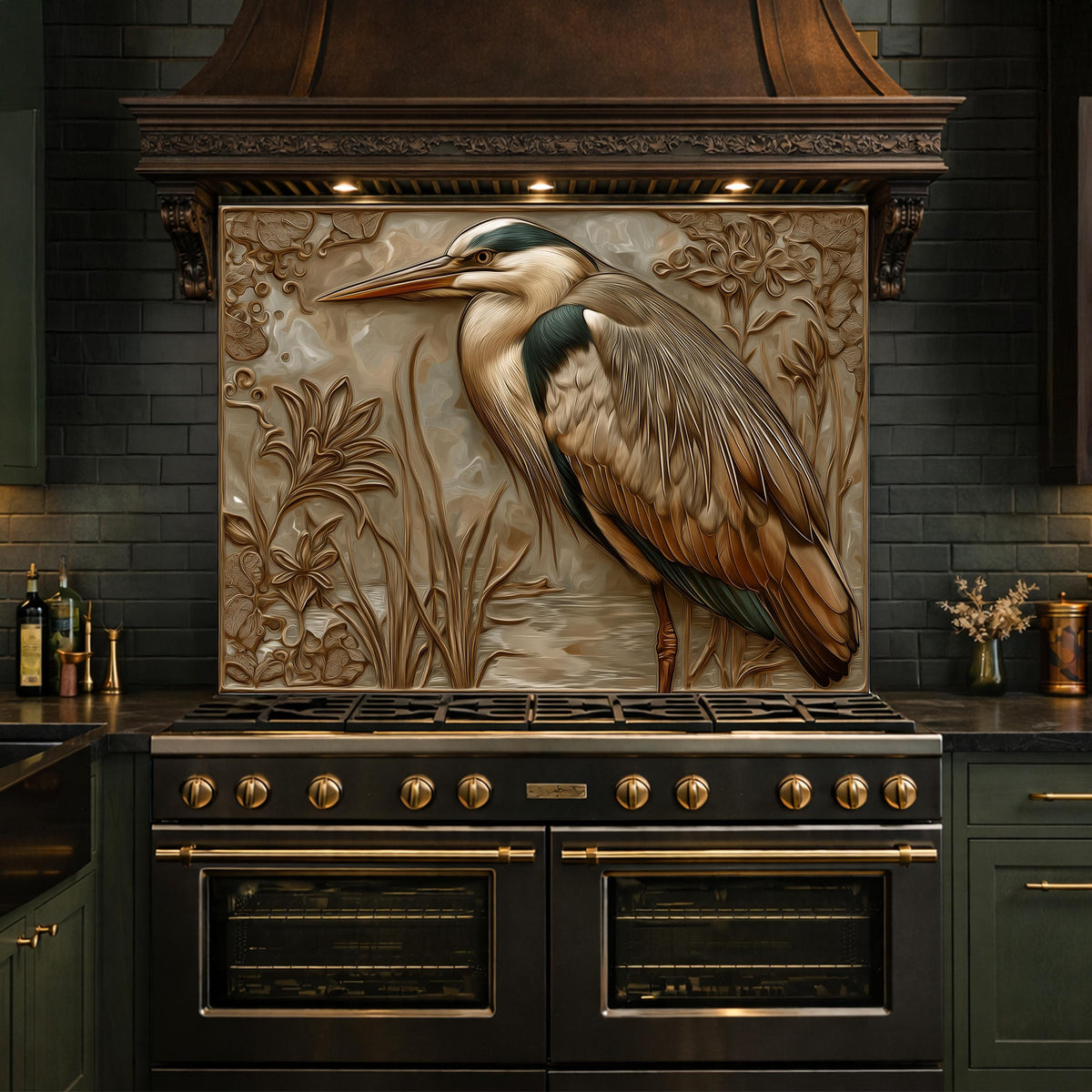 Blue Heron Tempered Glass Backsplash, Copper Look Wetland Wall Panel