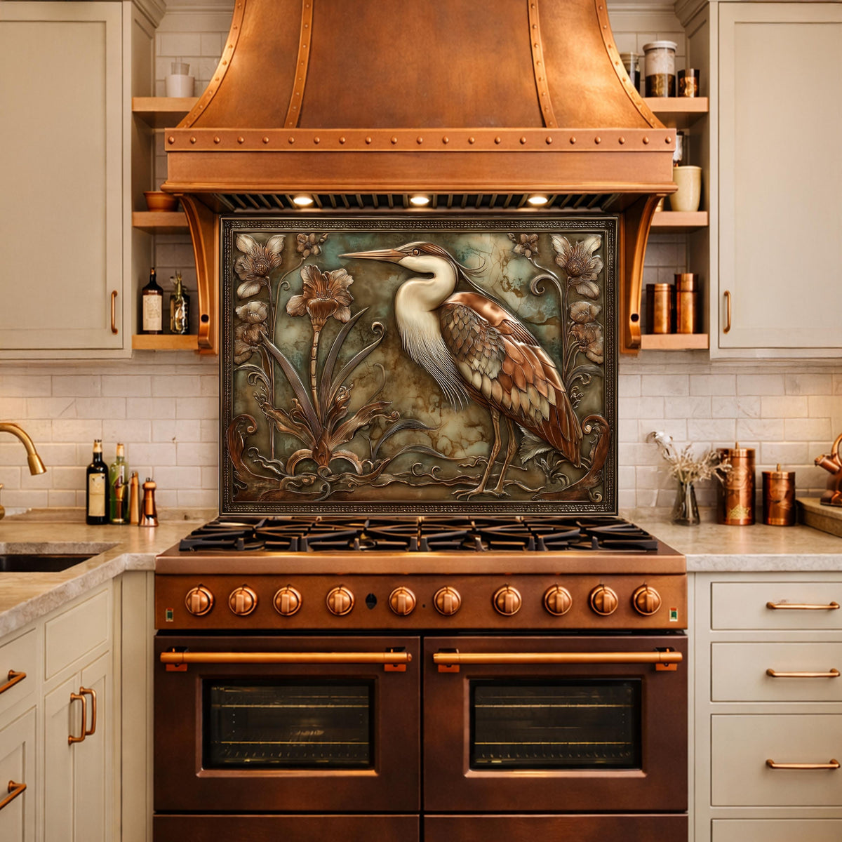 Blue Heron Botanical Tempered Glass Backsplash, Copper Look Floral Bird Wall Panel, Custom Size