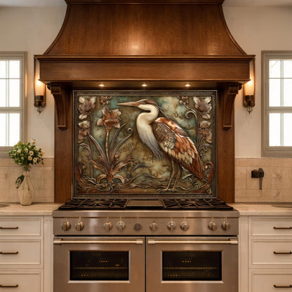 Blue Heron Botanical Tempered Glass Backsplash, Copper Look Floral Bird Wall Panel, Custom Size