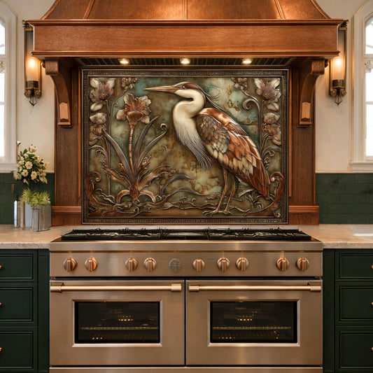 Blue Heron Botanical Tempered Glass Backsplash, Copper Look Floral Bird Wall Panel, Custom Size