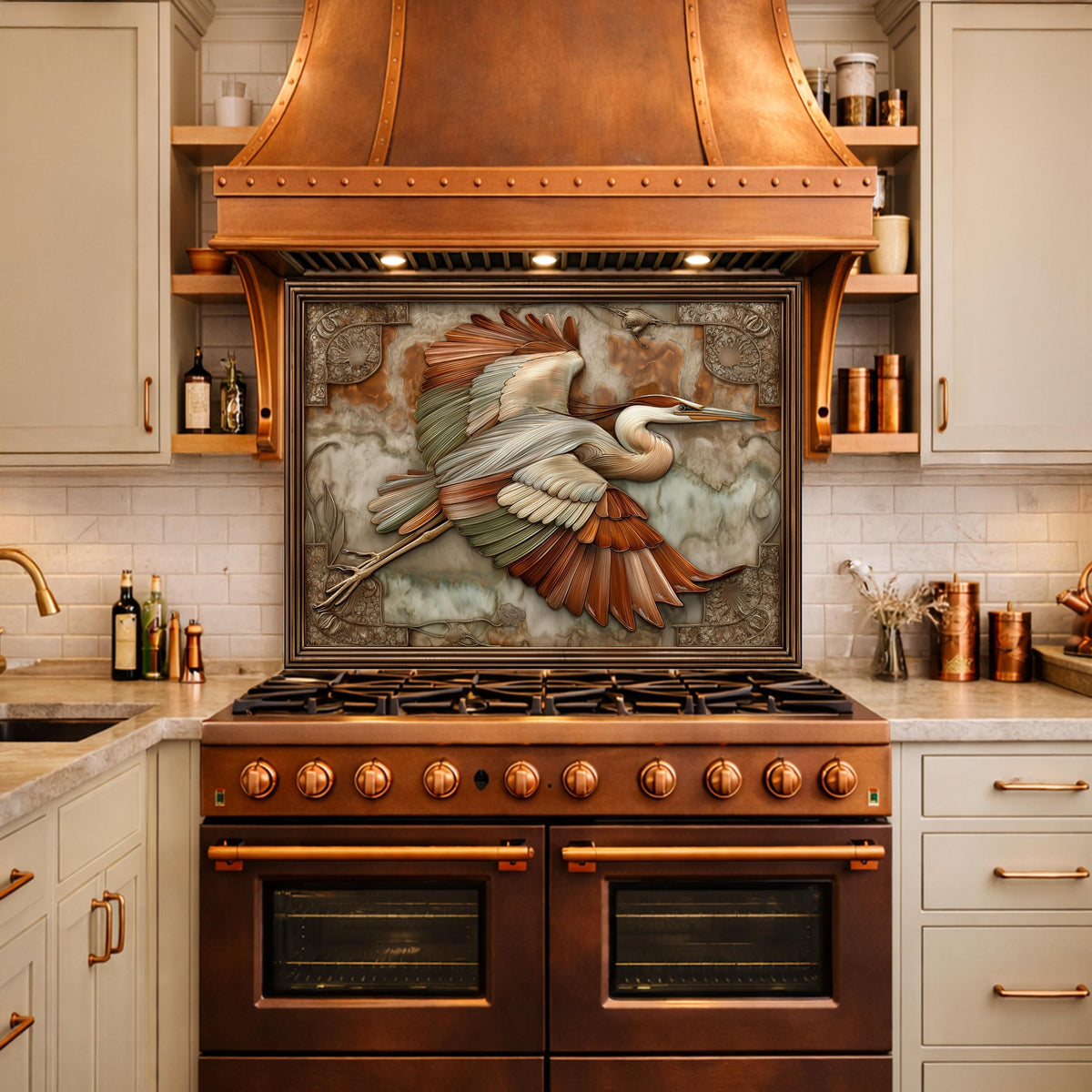 Blue Heron Flight Tempered Glass Backsplash, Copper Look Wetland Bird Wall Panel, Custom Size