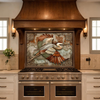 Blue Heron Flight Tempered Glass Backsplash, Copper Look Wetland Bird Wall Panel, Custom Size