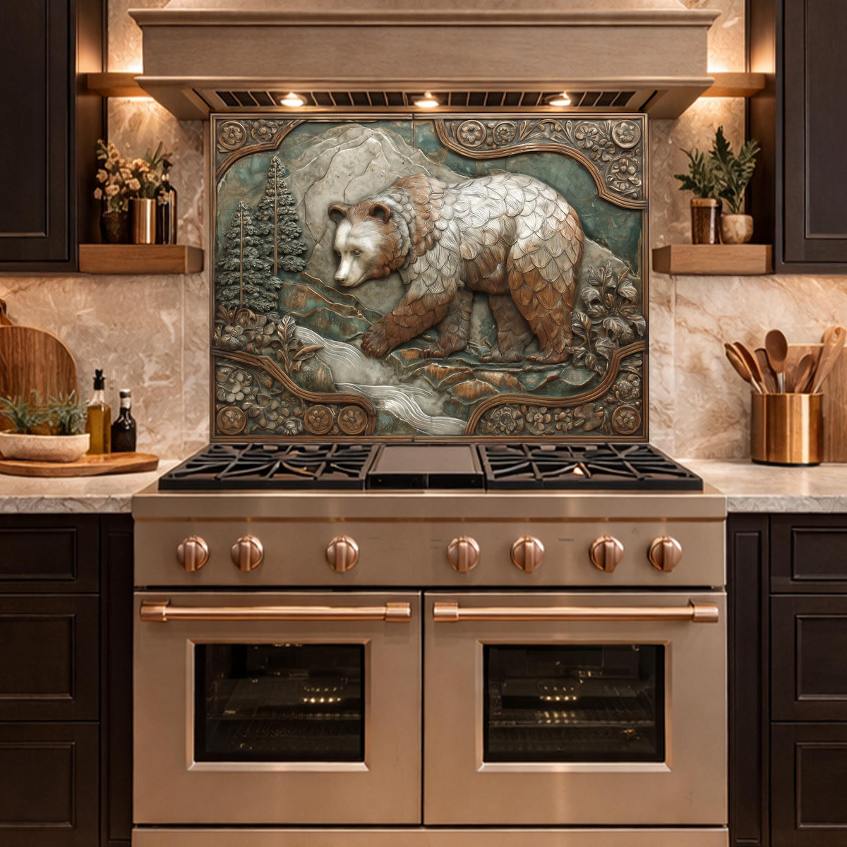 Mountain Stream Tempered Glass Backsplash, Copper Look Grizzly Bear Wall Panel, Custom Size