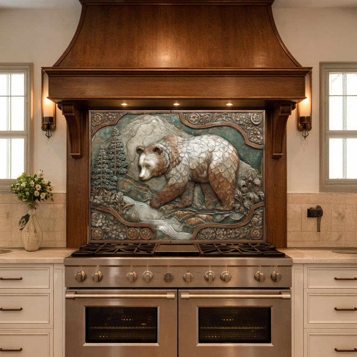 Mountain Stream Tempered Glass Backsplash, Copper Look Grizzly Bear Wall Panel, Custom Size