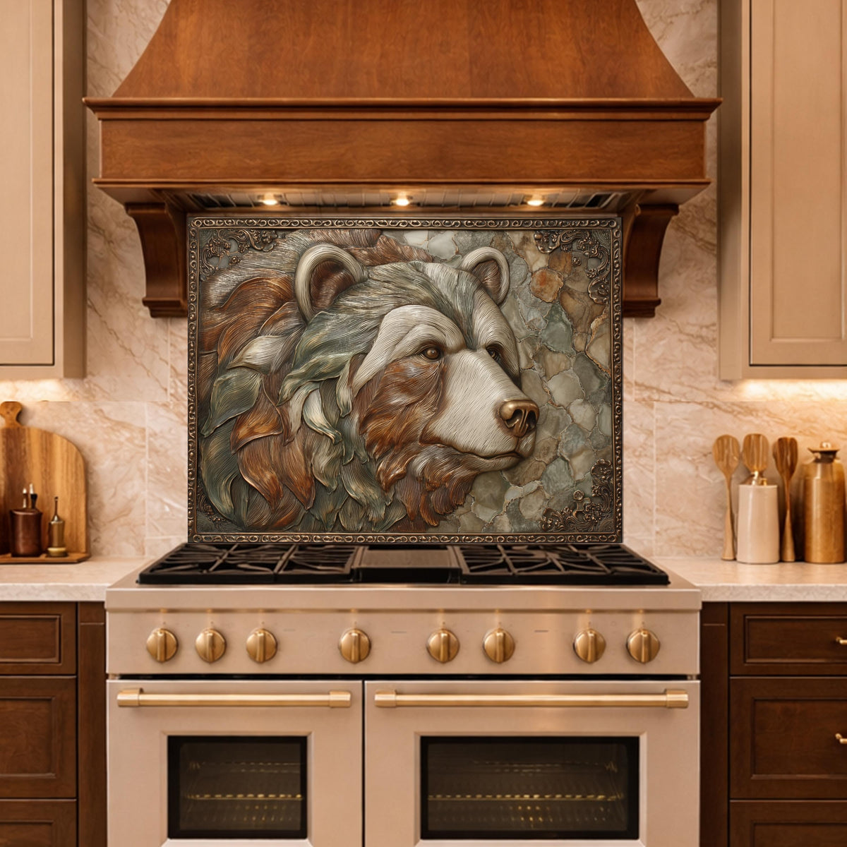 Mountain Peak Tempered Glass Backsplash, Copper Look Snowy Alpine Wall Panel, Custom Size