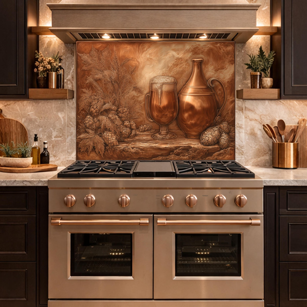 Vintage Barware Tempered Glass Backsplash, Copper Look Hops and Ale Wall Panel, Custom Size