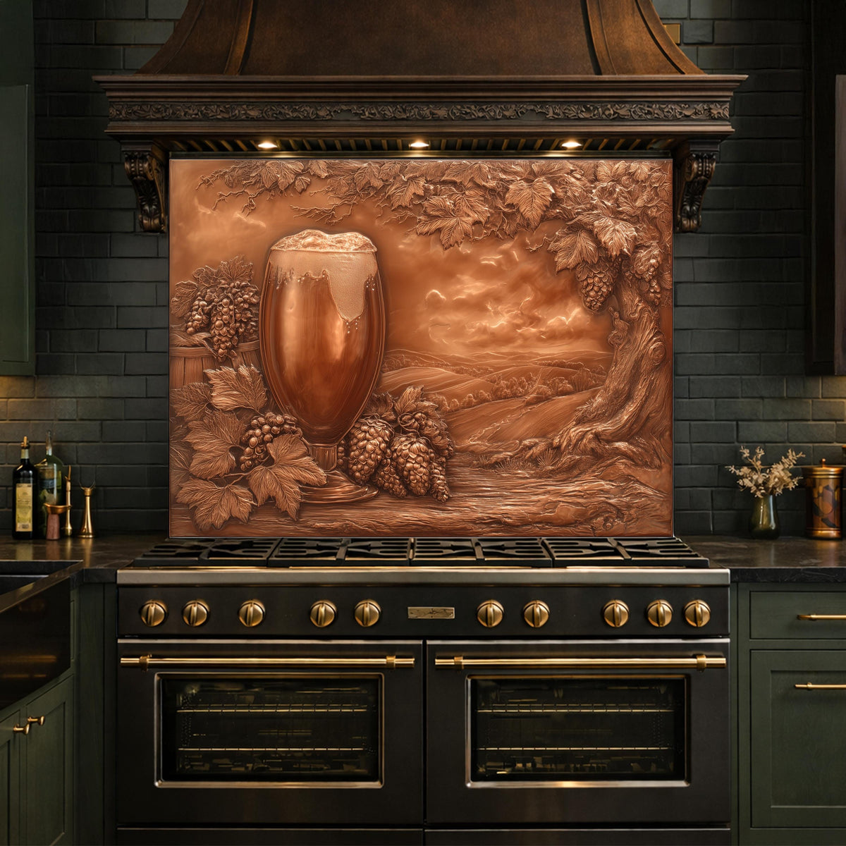 Vineyard Harvest Tempered Glass Backsplash, Copper Look Vineyard Grape Wall Panel, Custom Size