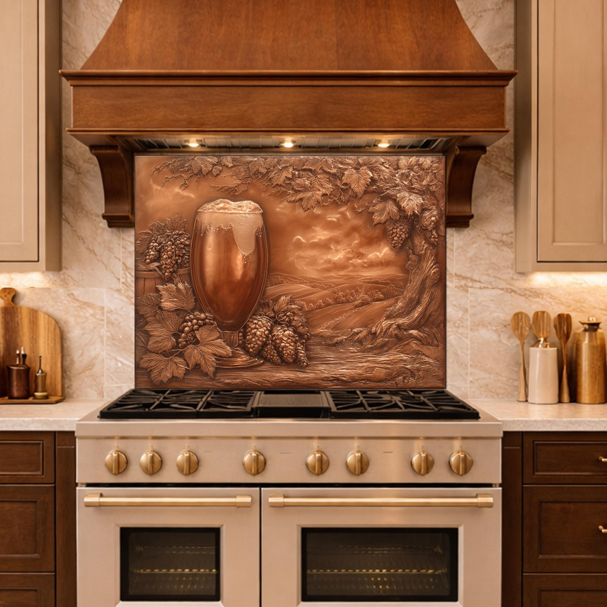 Vineyard Harvest Tempered Glass Backsplash, Copper Look Vineyard Grape Wall Panel, Custom Size