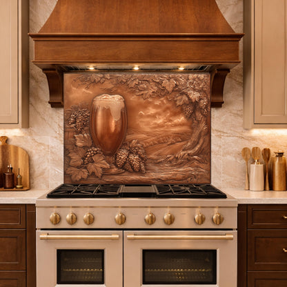 Vineyard Harvest Tempered Glass Backsplash, Copper Look Vineyard Grape Wall Panel, Custom Size