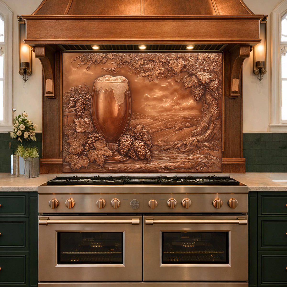 Vineyard Harvest Tempered Glass Backsplash, Copper Look Vineyard Grape Wall Panel, Custom Size