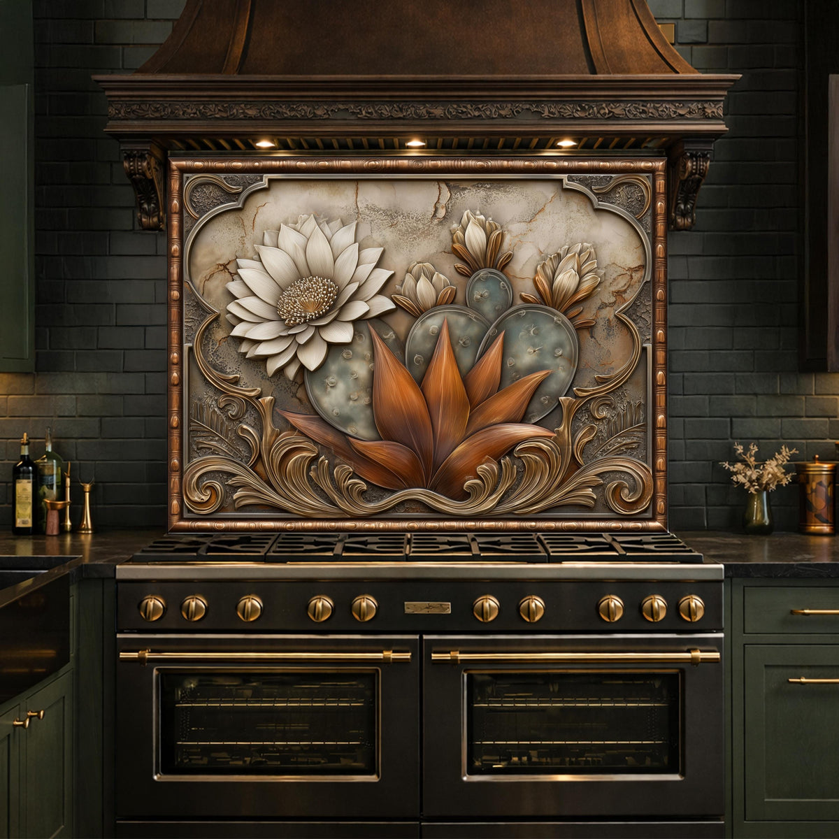 Desert Bloom Tempered Glass Backsplash, Copper Look Cactus Floral Wall Panel, Custom Size