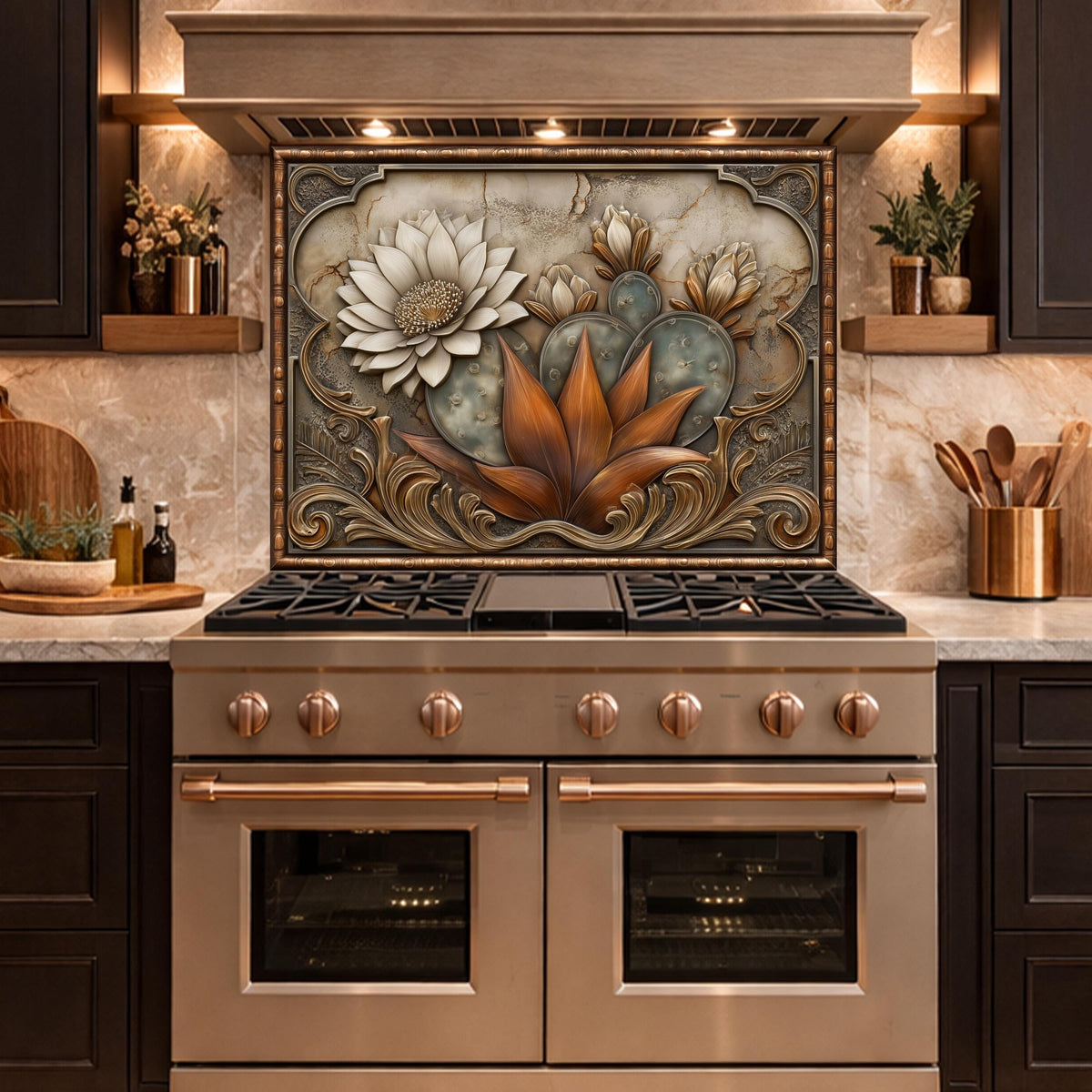Desert Bloom Tempered Glass Backsplash, Copper Look Cactus Floral Wall Panel, Custom Size