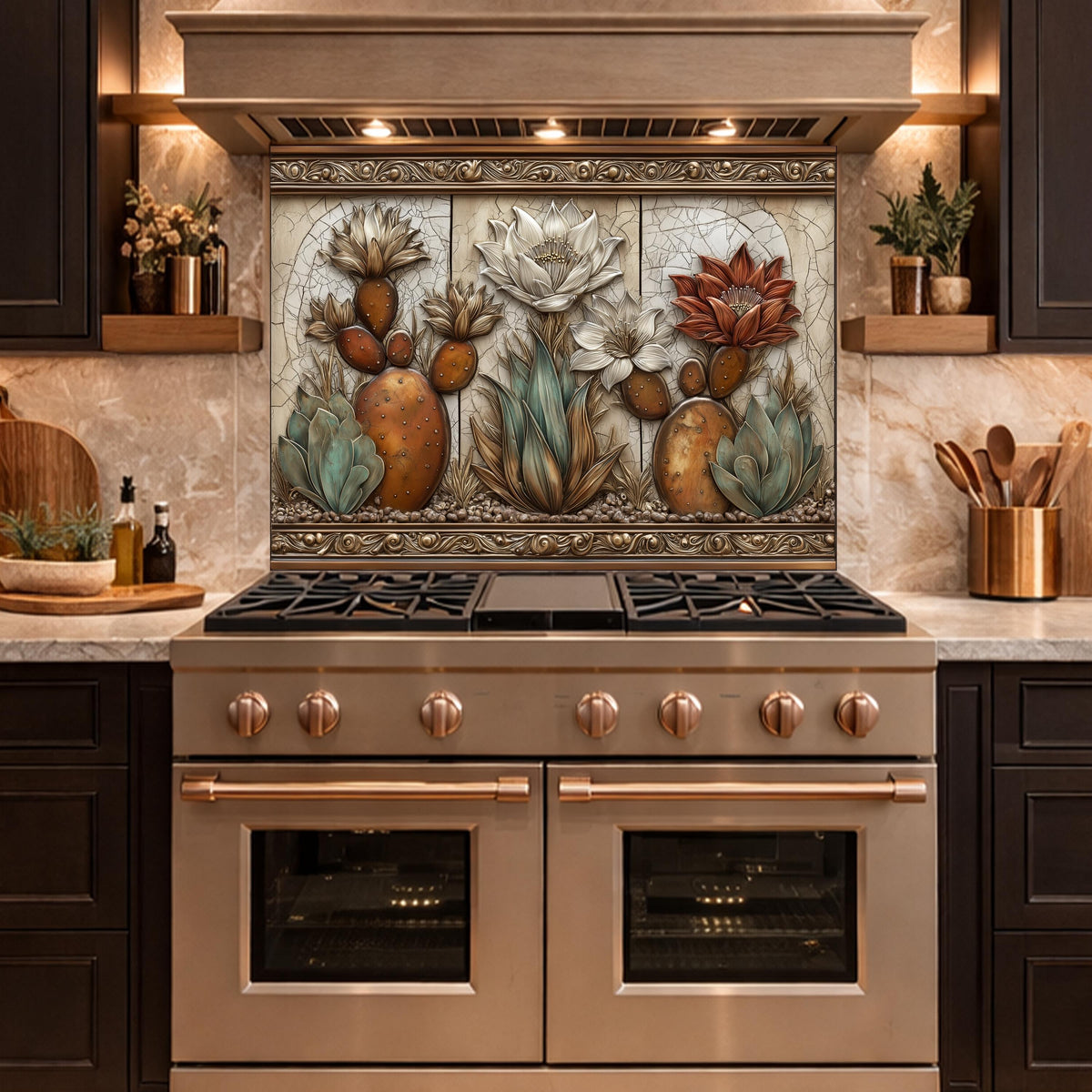 Desert Oasis Tempered Glass Backsplash, Copper Look Saguaro Cactus Wall Panel, Custom Size