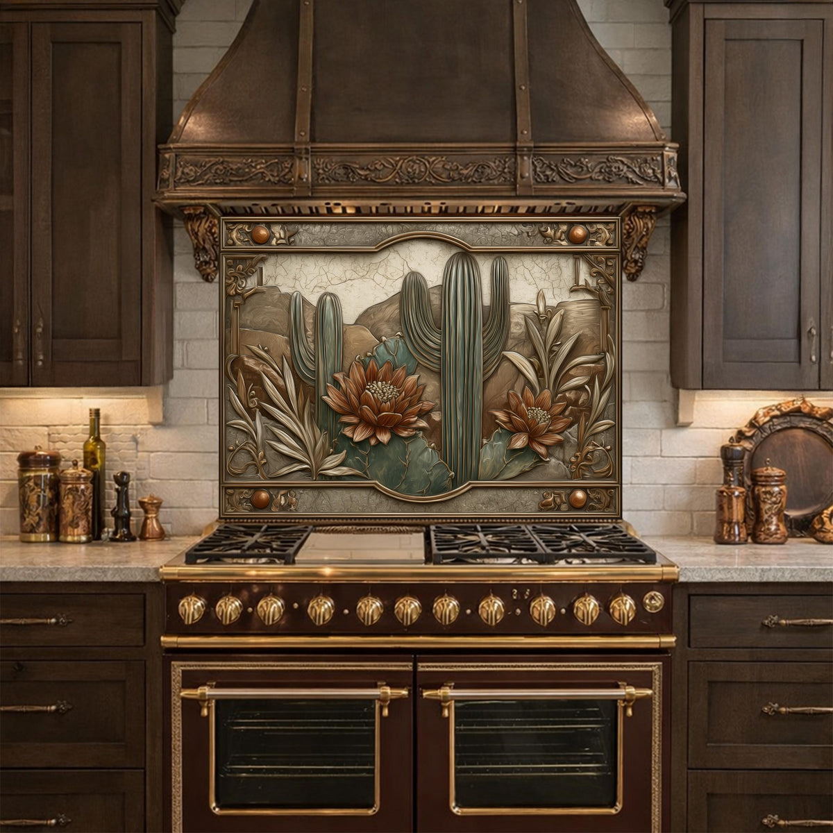 Desert Botanicals Tempered Glass Backsplash, Copper Look Cactus Floral Wall Panel, Custom Size