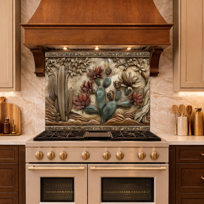 Desert Wilderness Tempered Glass Backsplash, Copper Look Cactus Mountain Wall Panel, Custom Size