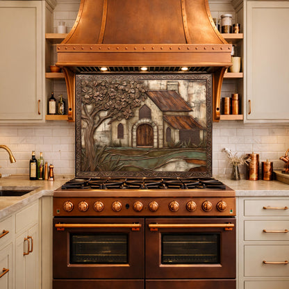 Vintage Cottage Tempered Glass Backsplash, Copper Look Farmhouse Wall Panel, Custom Size