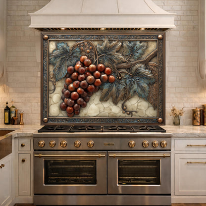 Vineyard Harvest Tempered Glass Backsplash, Copper Look Grapes and Vines Wall Panel, Custom Size