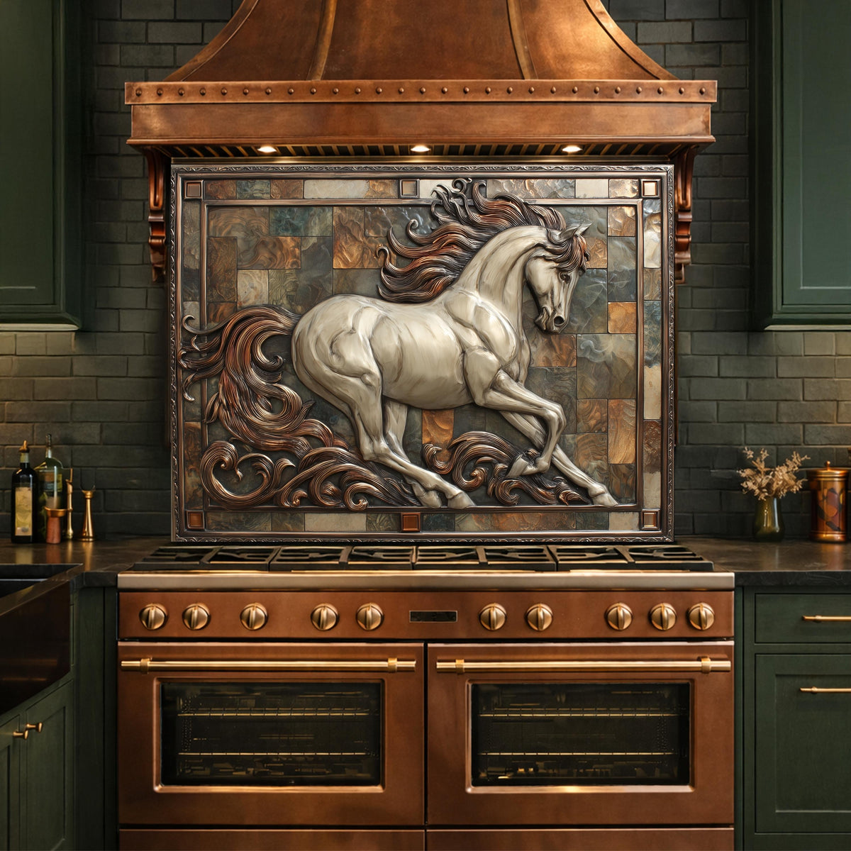Majestic Stallion Tempered Glass Backsplash, Copper Look Galloping Horse Wall Panel, Custom Size