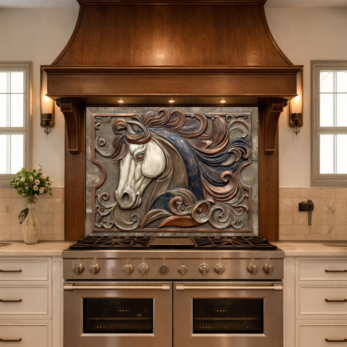 Equestrian Art Tempered Glass Backsplash, Copper Look Flowing Mane Horse Wall Panel, Custom Size