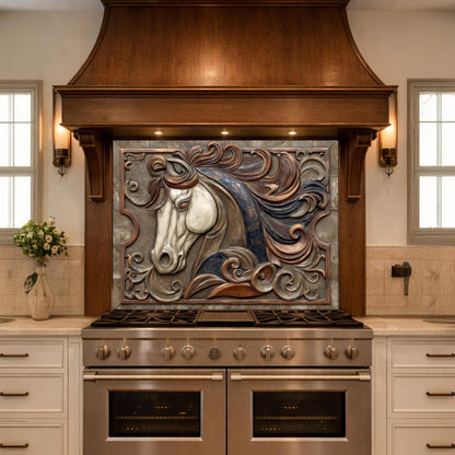 Equestrian Art Tempered Glass Backsplash, Copper Look Flowing Mane Horse Wall Panel, Custom Size