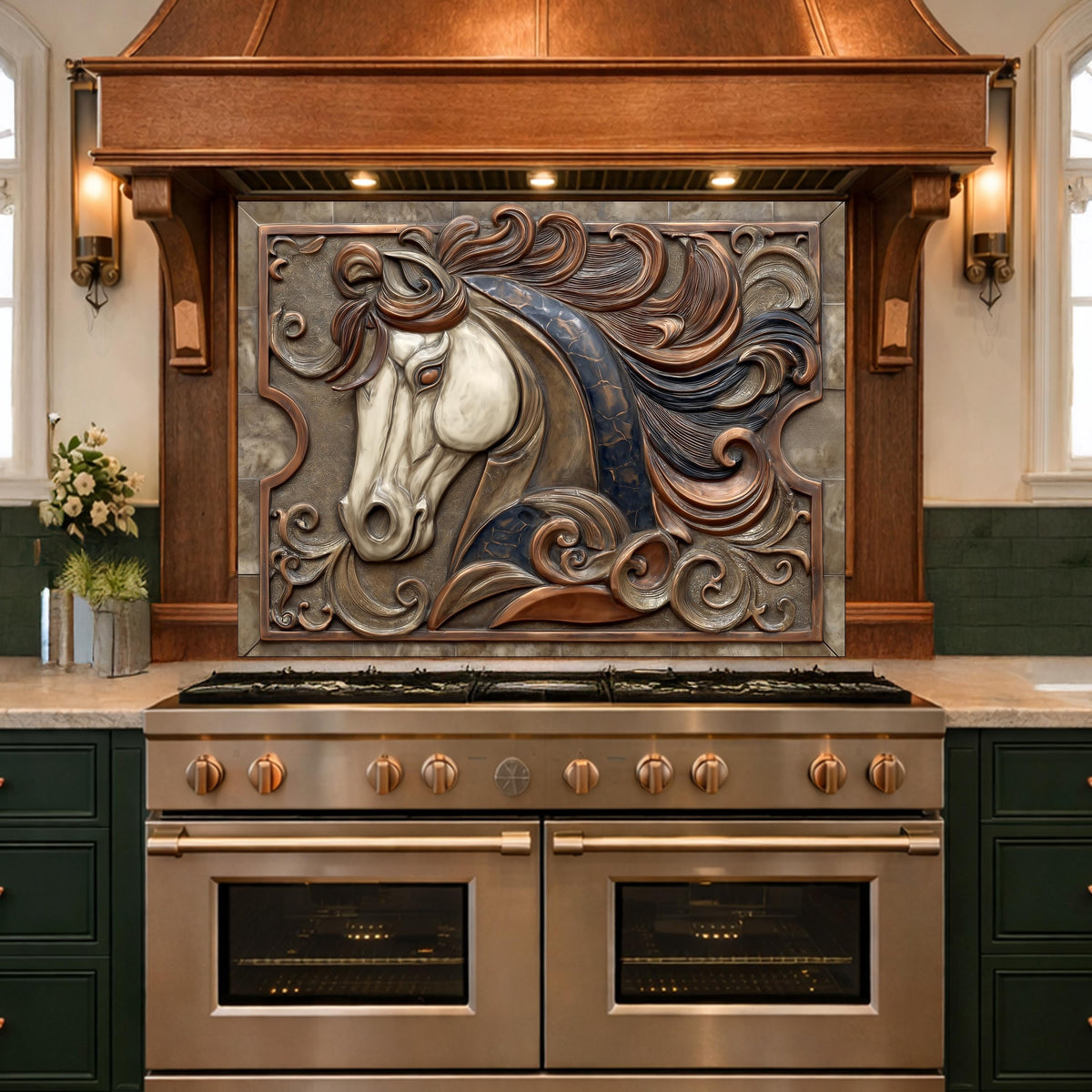 Equestrian Art Tempered Glass Backsplash, Copper Look Flowing Mane Horse Wall Panel, Custom Size