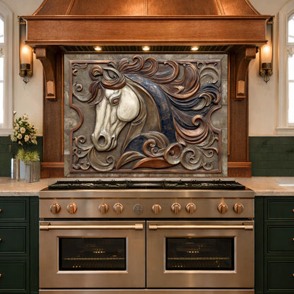 Equestrian Art Tempered Glass Backsplash, Copper Look Flowing Mane Horse Wall Panel, Custom Size