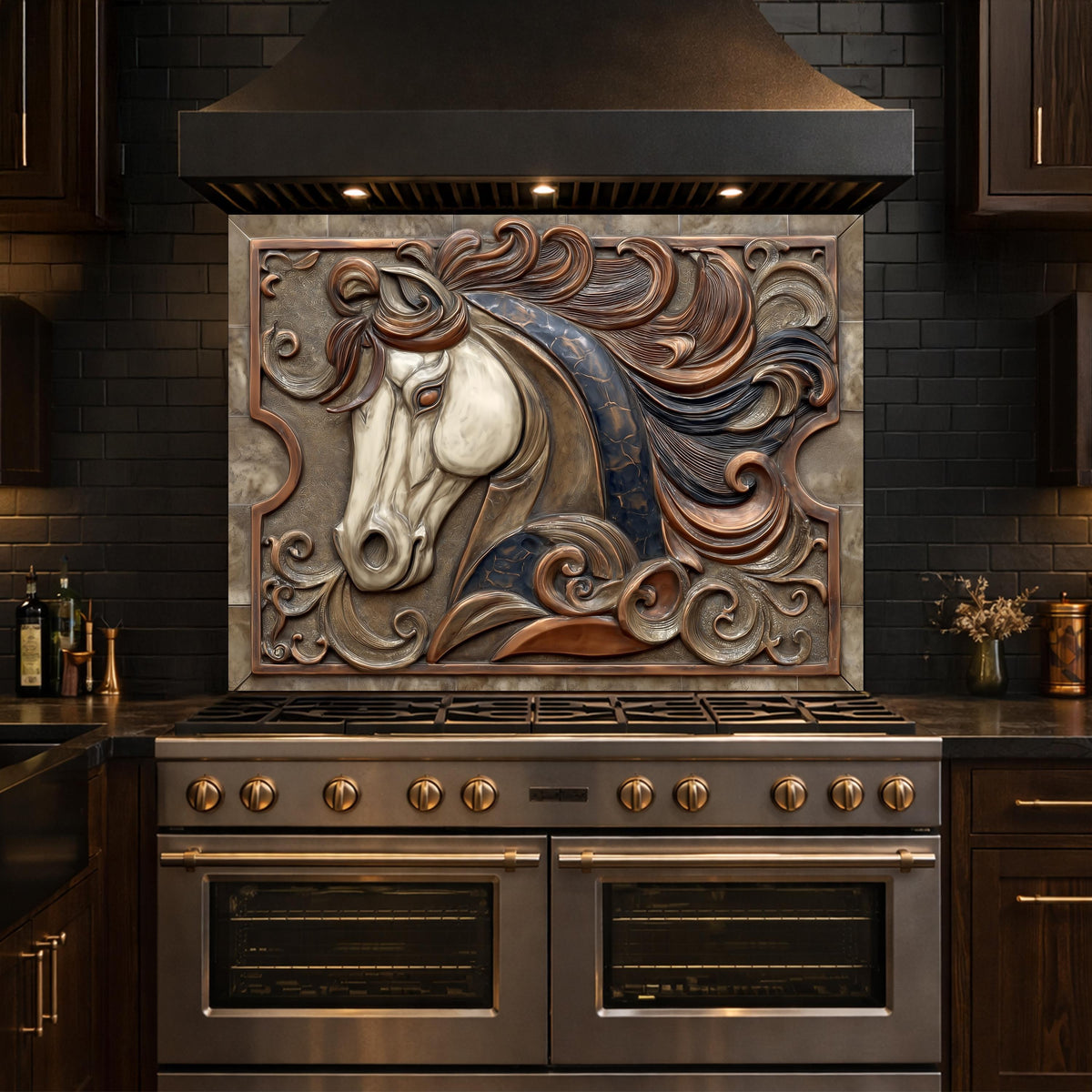 Equestrian Art Tempered Glass Backsplash, Copper Look Flowing Mane Horse Wall Panel, Custom Size