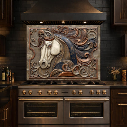 Equestrian Art Tempered Glass Backsplash, Copper Look Flowing Mane Horse Wall Panel, Custom Size