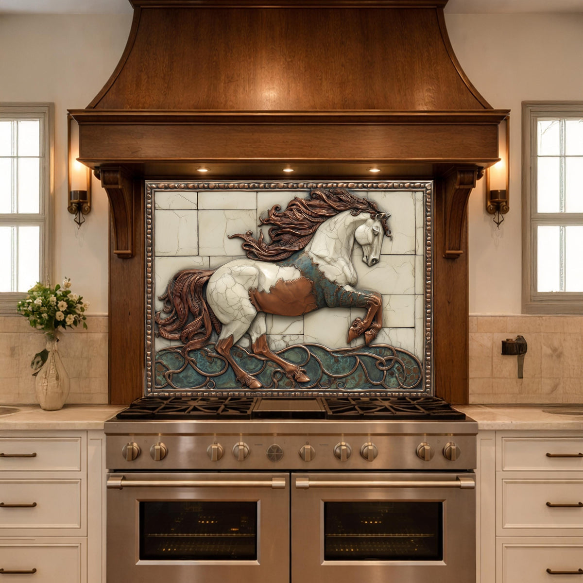 Galloping Horse Tempered Glass Backsplash, Copper Look Stallion Wall Panel, Custom Size