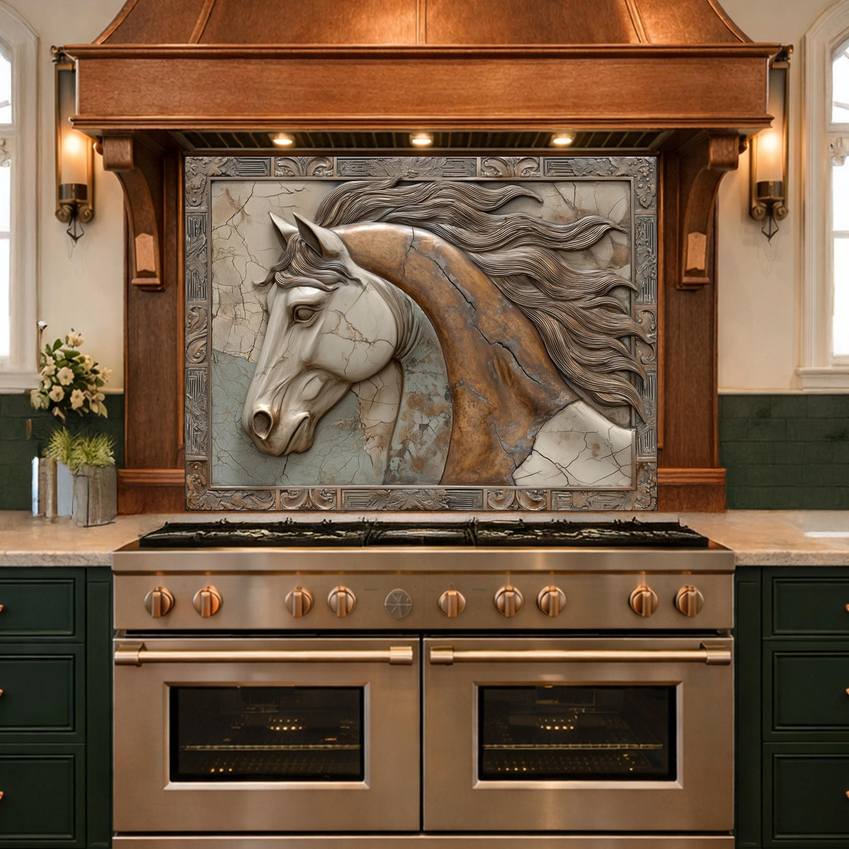 Noble Stallion Tempered Glass Backsplash, Copper Look Horse Portrait Wall Panel, Custom Size