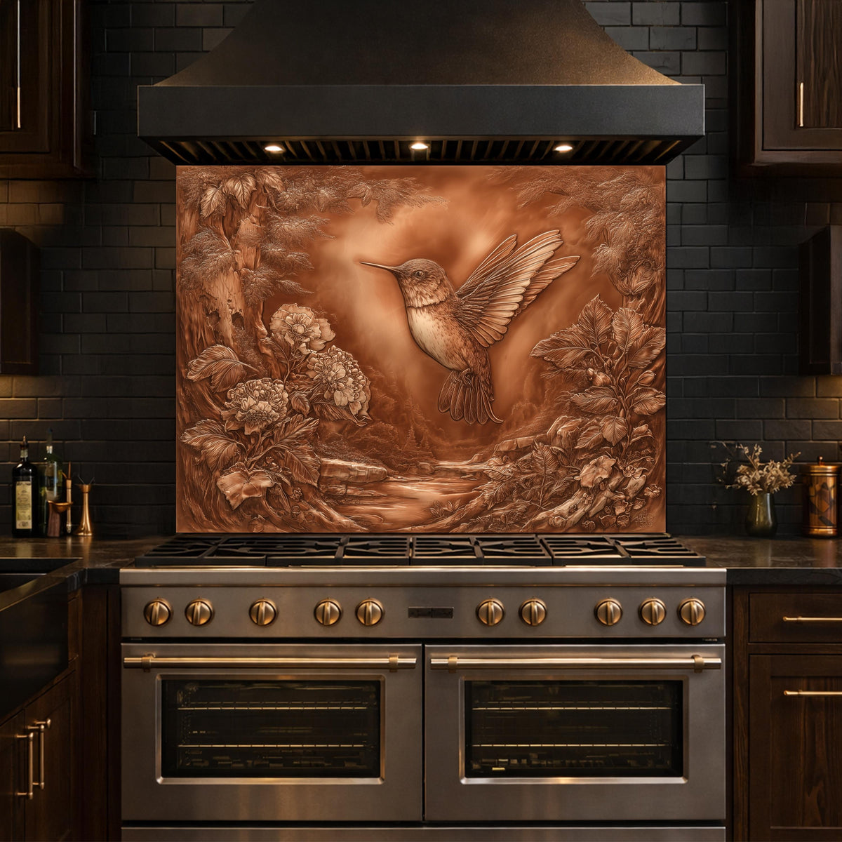 Hummingbird Garden Tempered Glass Backsplash, Copper Look Floral Bird Wall Panel, Custom Size