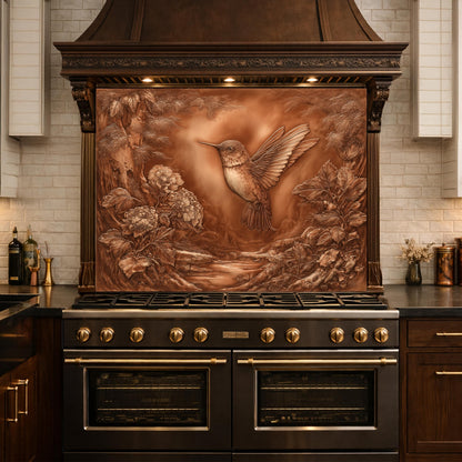 Hummingbird Garden Tempered Glass Backsplash, Copper Look Floral Bird Wall Panel, Custom Size