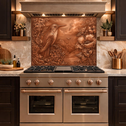 Songbird Mountain View Tempered Glass Backsplash, Copper Look Floral Bird Wall Panel, Custom Size