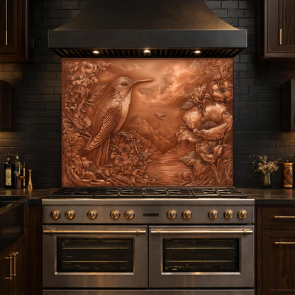 Songbird Mountain View Tempered Glass Backsplash, Copper Look Floral Bird Wall Panel, Custom Size